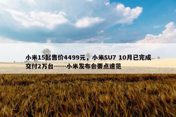 小米15起售价4499元，小米SU7 10月已完成交付2万台……小米发布会要点速览