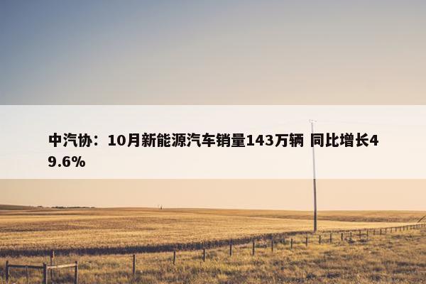 中汽协：10月新能源汽车销量143万辆 同比增长49.6%